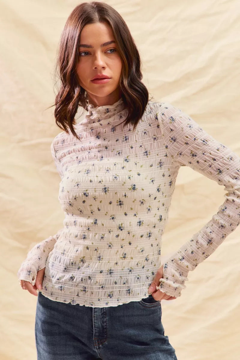 SO ME Floral Print Textured Long Sleeve Knit Top