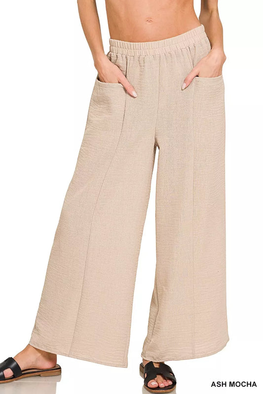 Zenana Woven Airflow Elastic Waistband Pants