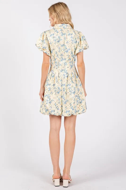GeeGee Floral Eyelet Zipper Front Puff Sleeve Mini Dress