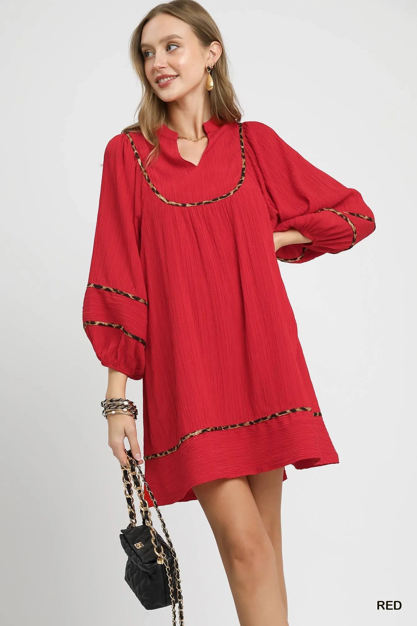 Umgee Textured Babydoll Dress with Leopard Trim
