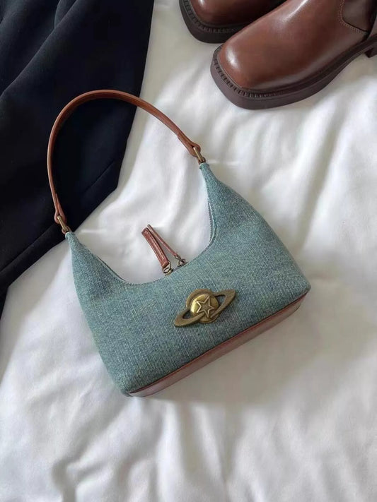 Denim Planet Decor Shoulder Bag