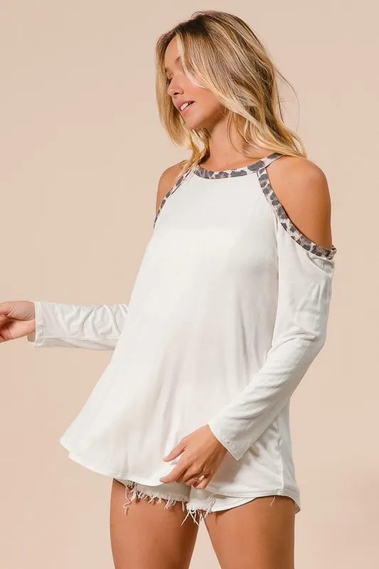 BiBi Jersey Knit Cold Shoulder Top with Leopard Neck