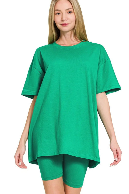 Zenana Cotton Round Neck Top & Biker Shorts