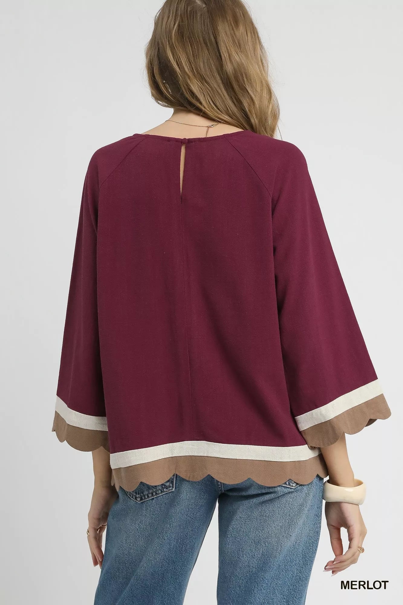 Umgee Scalloped Hem Color Block Top