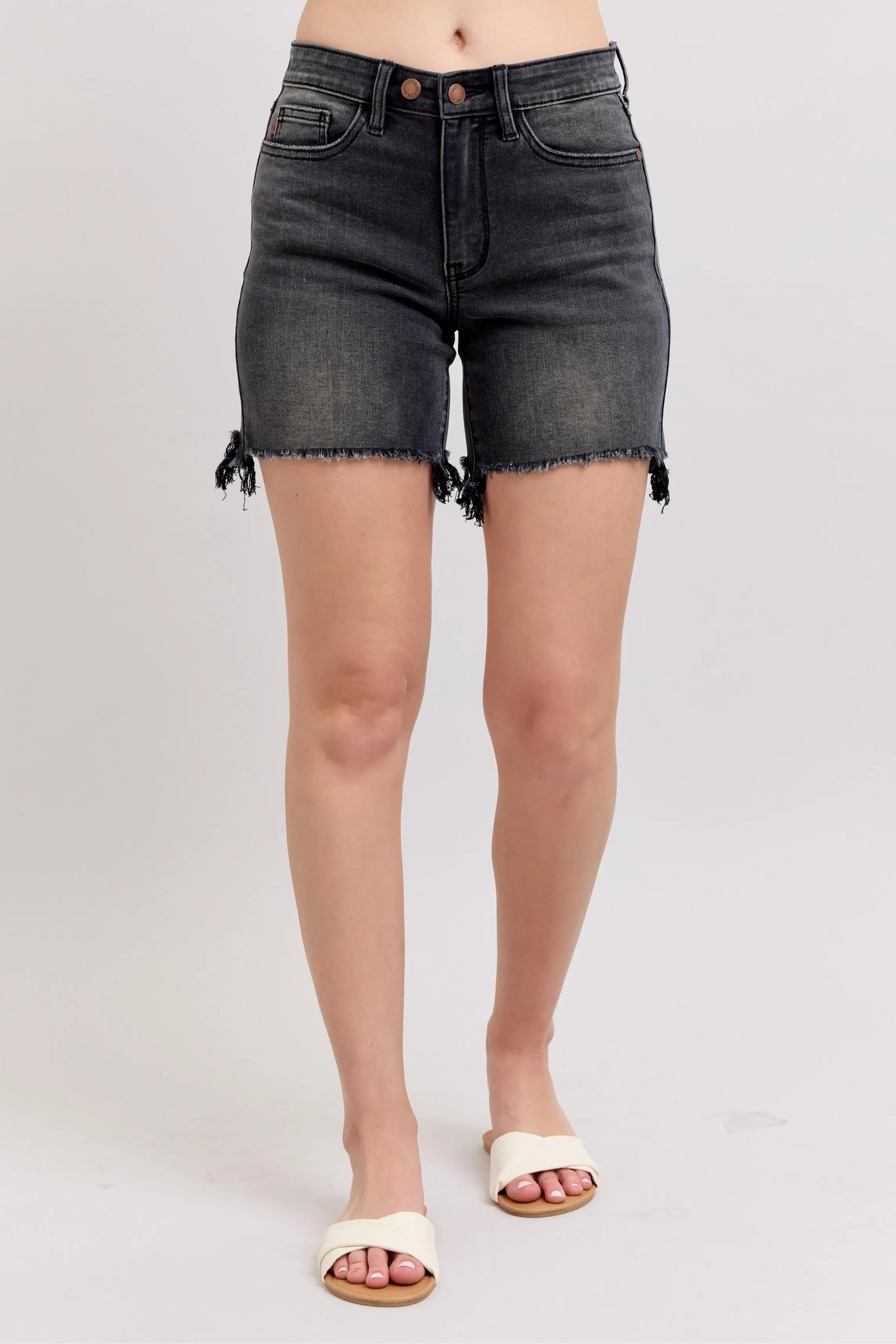 Judy Blue Full Size Long Cut Off 2 Button Dad Denim Shorts Plus Size