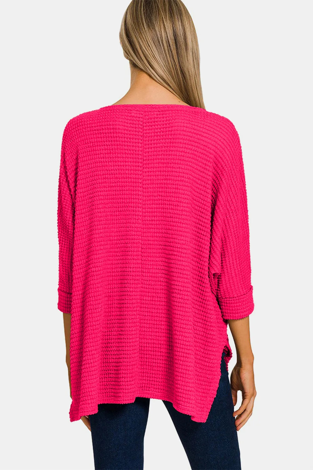 Zenana V-Neck High-Low Jacquard Knit Top