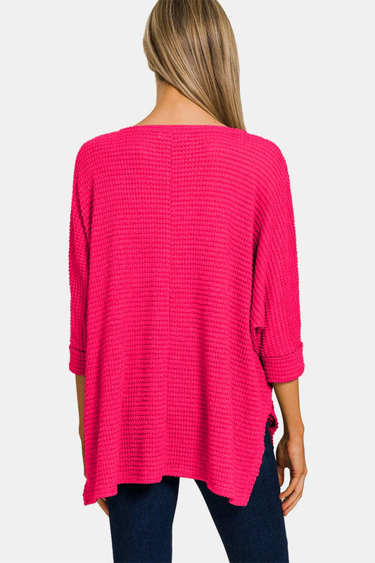 Zenana V-Neck High-Low Jacquard Knit Top
