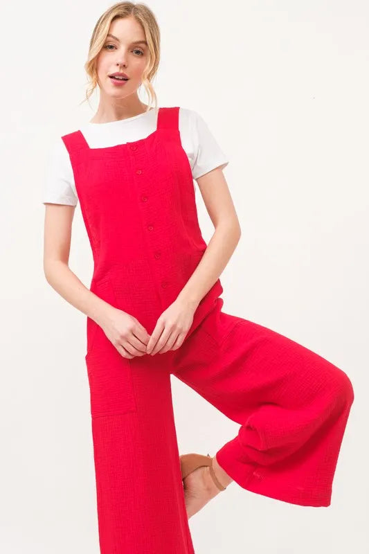 And The Why Gauze Loose Fit Tied Back Overalls