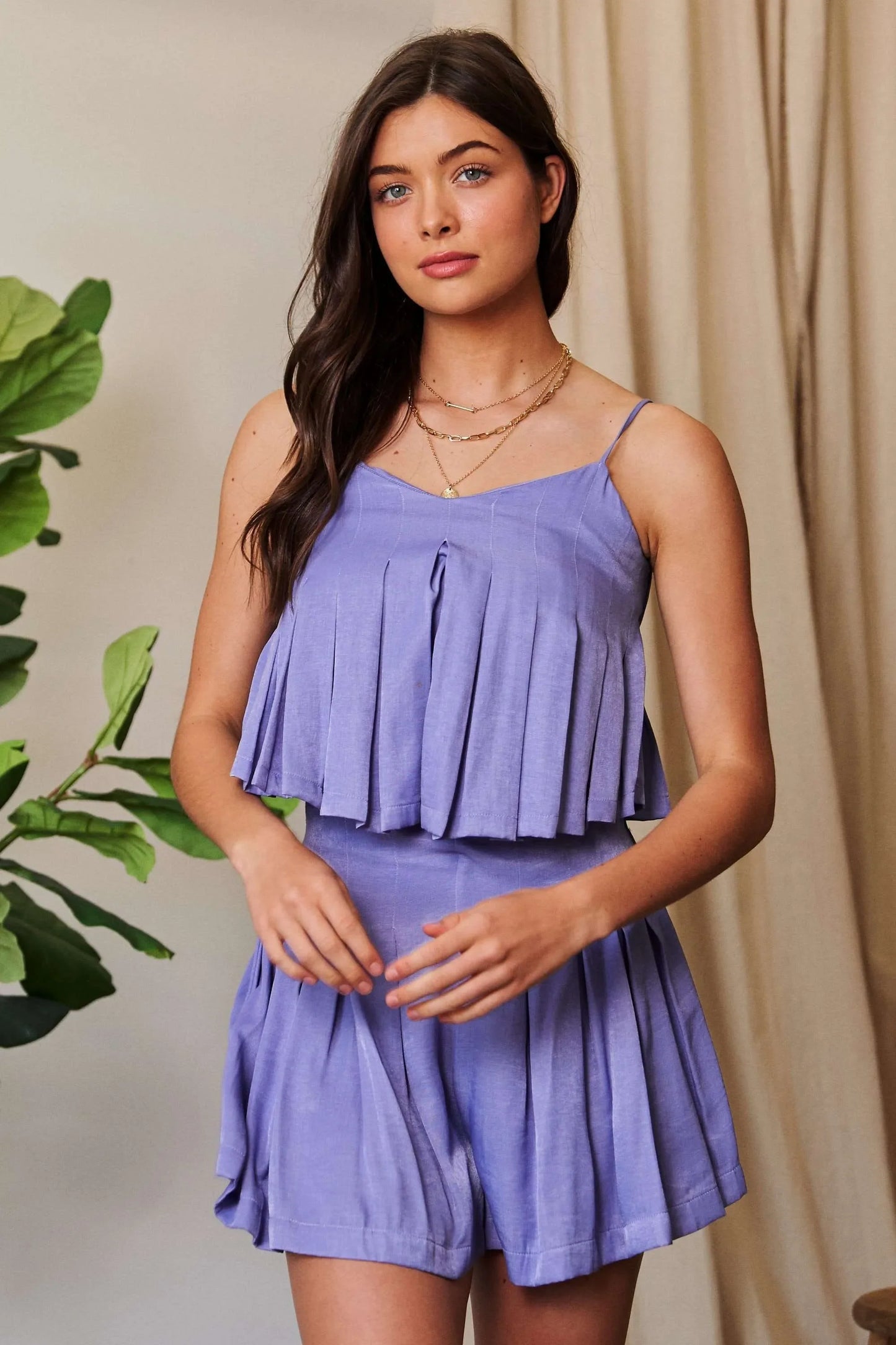 Davi & Dani Pleated Body Elastic Back Babydoll Strappy Top