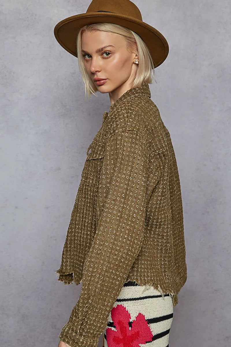 POL Raw Hem Button Up Jacket with Chest Pockets