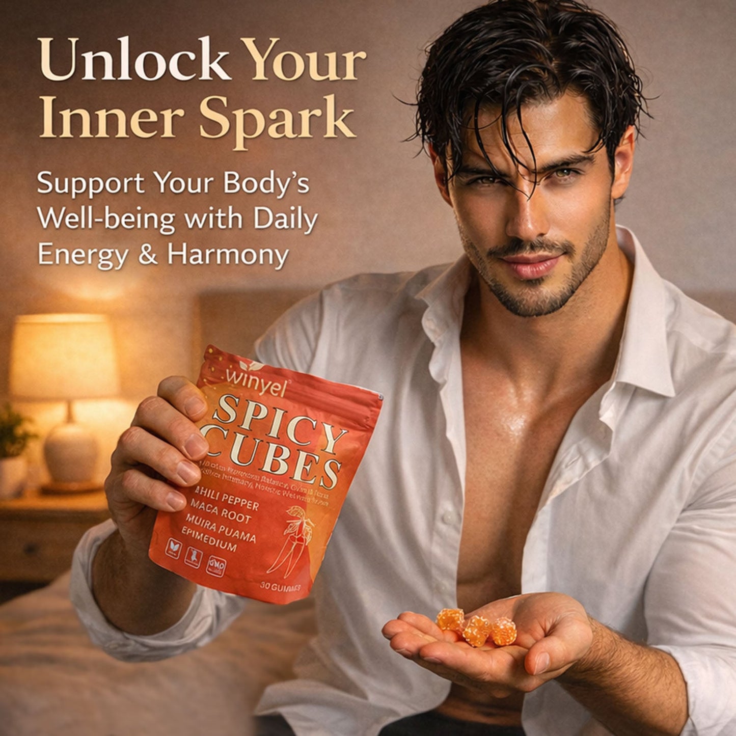 Spicy Cubes, Intimacy Gummies With Chili Pepper, Muira Puama, Maca Root, Epimedium, Helps Promote Hormone Balance, Calmness And Intimacy Wellness, Peach Flavor, 30 Gummies S