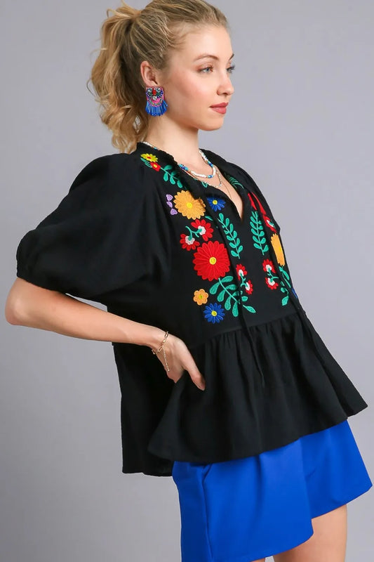Umgee Full Size Cotton Gauze Floral Embroidery Babydoll Blouse Plus Size