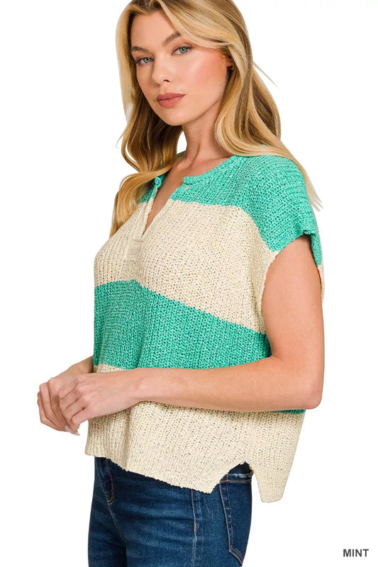 Zenana Split Neck Sleeveless Stripe Sweater