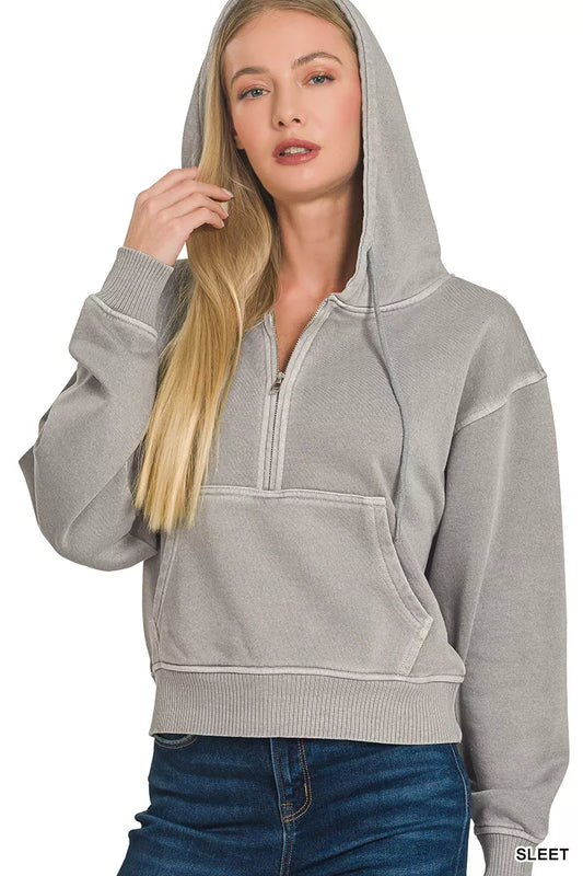 Zenana Fleece Pigment Dye Half Zip Kangaroo Pocket Hoodie