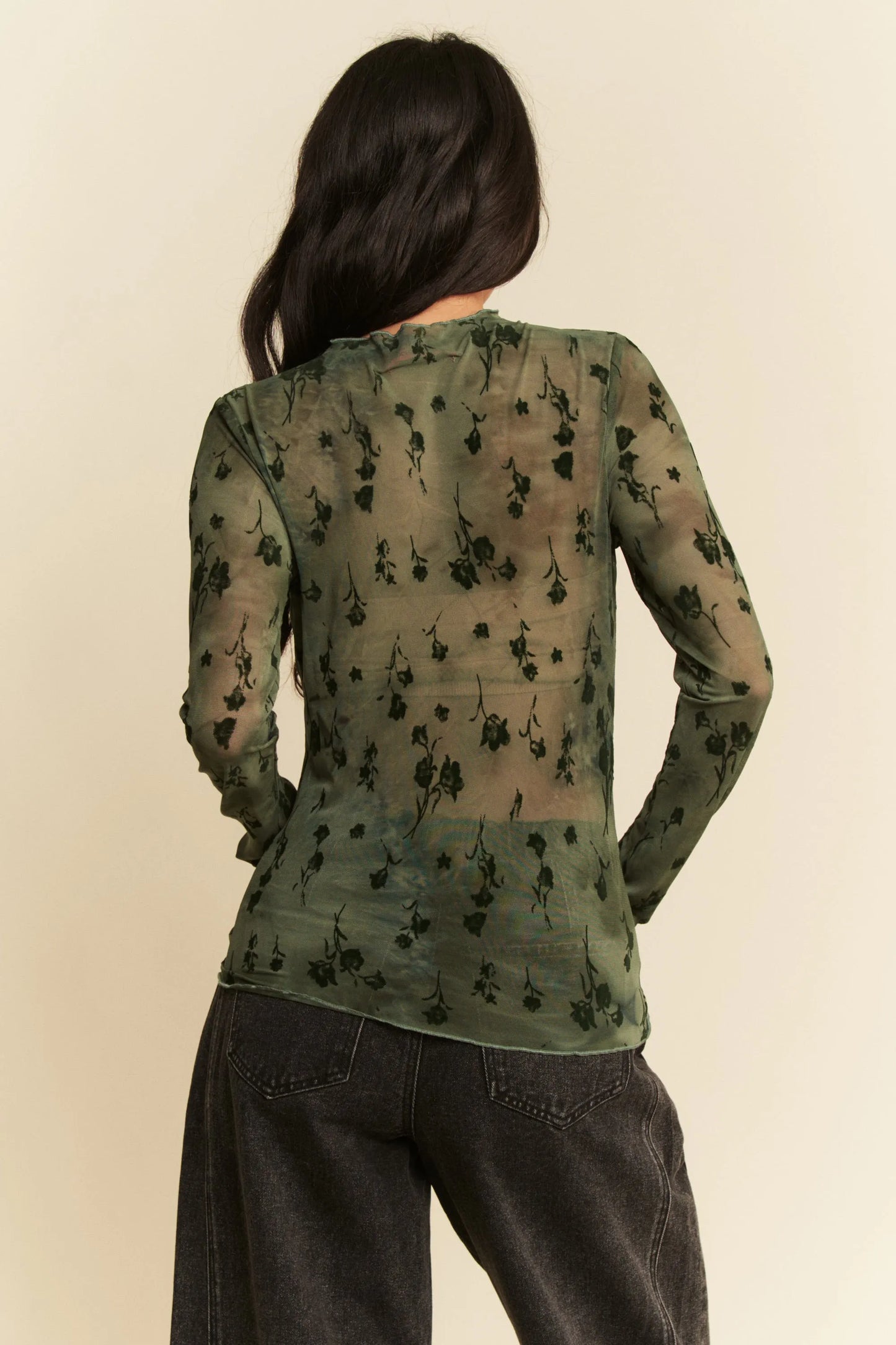 Davi & Dani Floral Mesh Long Sleeve Sheer Layering Top