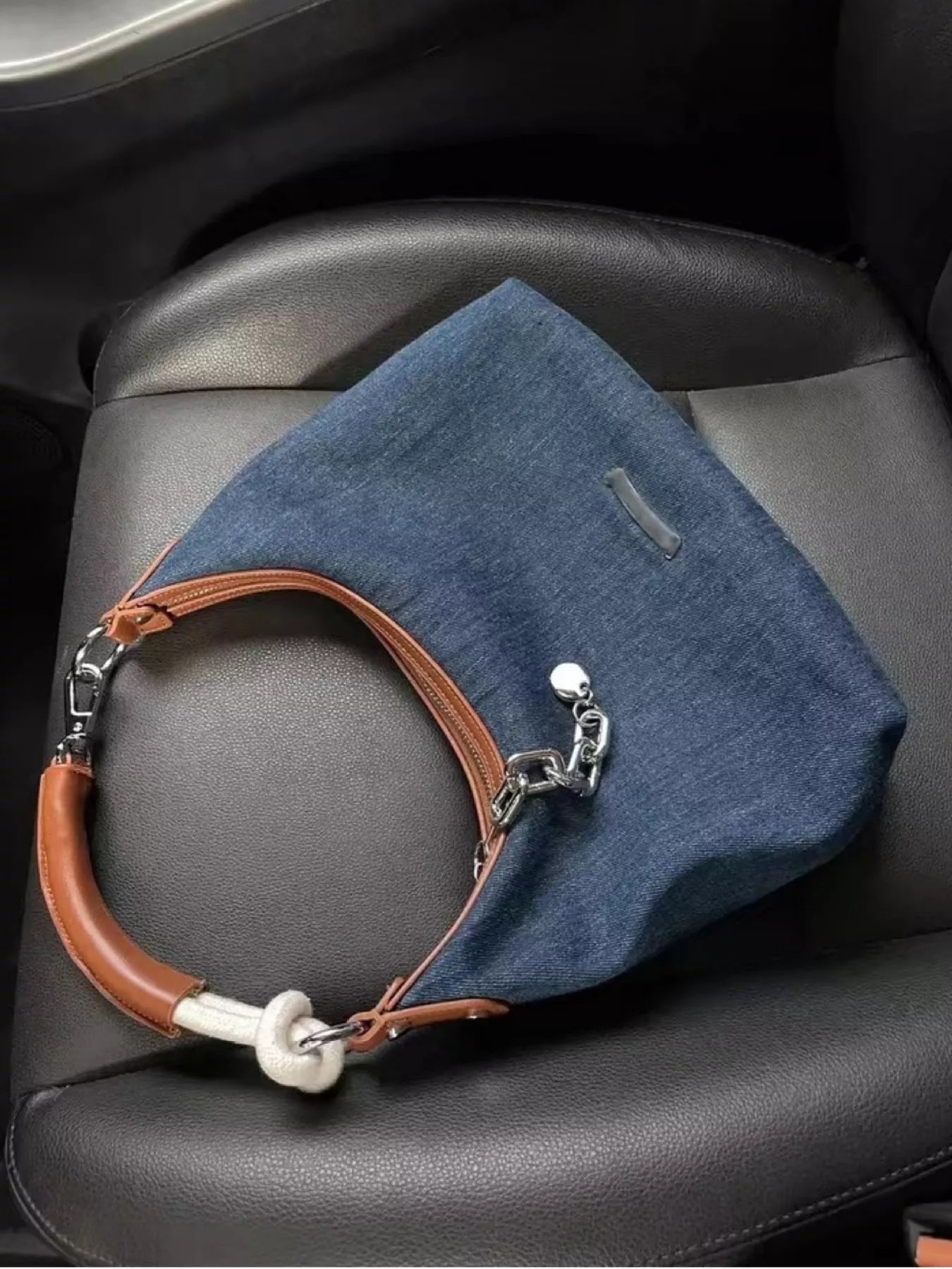 Denim Shoulder Bag with Leather Handle