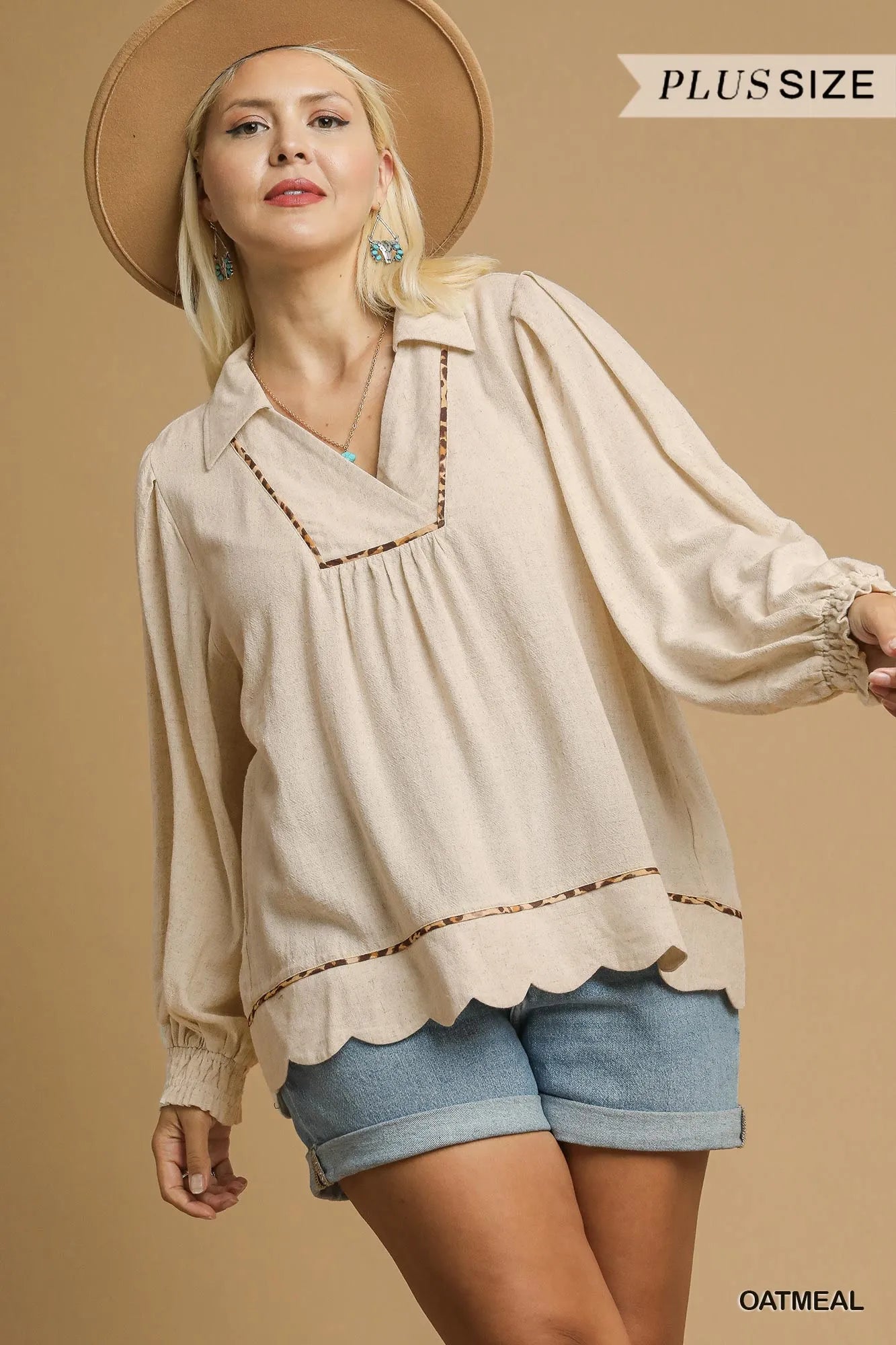 Umgee Full Size Linen Scallop Hem Blouse with Contrast Trim Plus Size