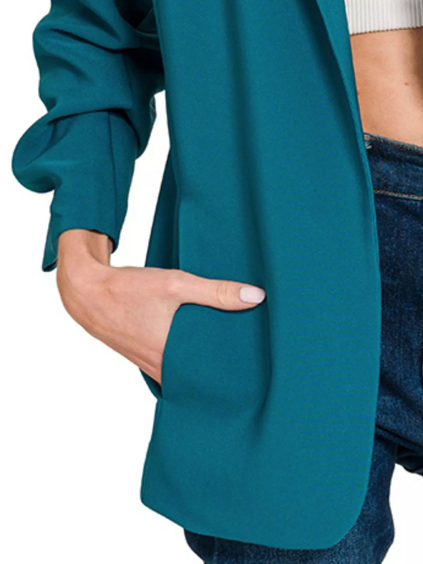 Zenana Woven 3/4 Ruched Sleeve Open Front Classic Blazer
