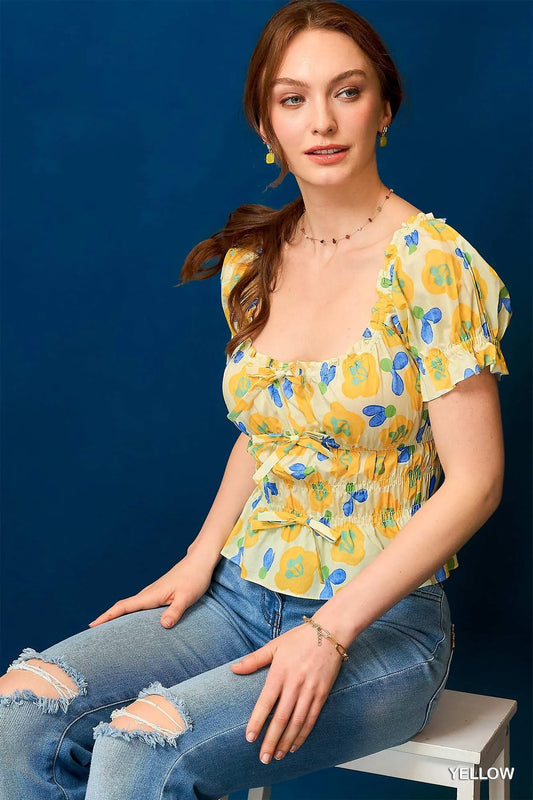 Umgee Floral Smocked Peplum Blouse
