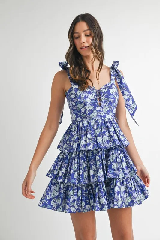MABLE Floral Print Shoulder Tie Layered Mini Dress