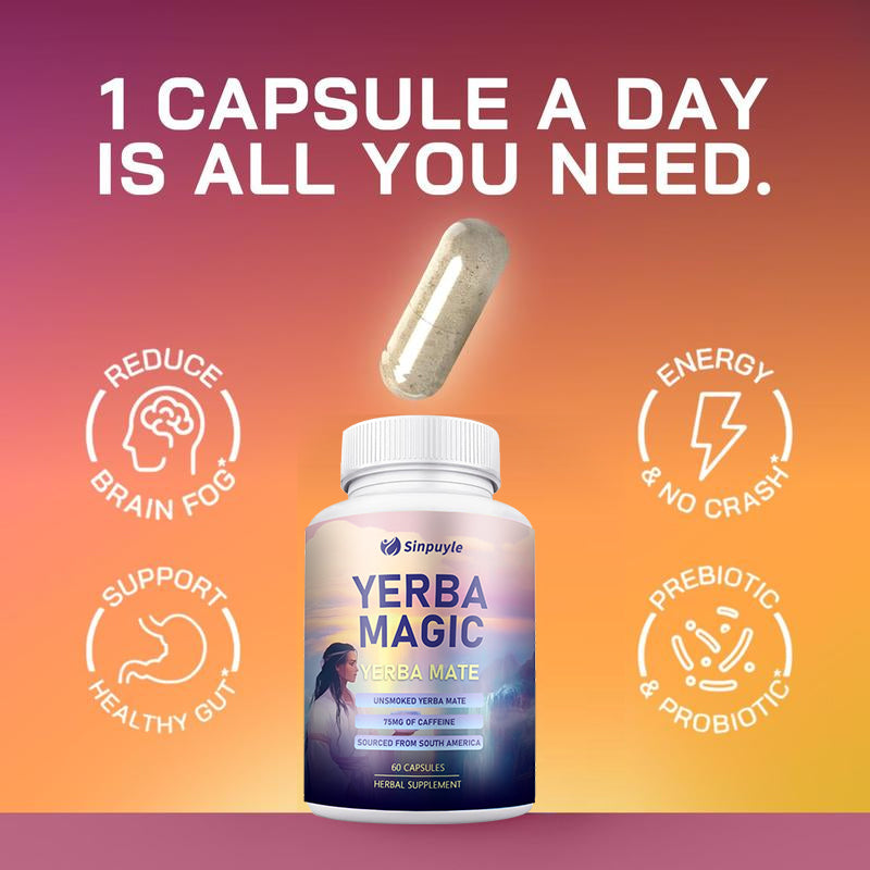 Yerba Magic Yerba Mate Pure Clean Energy Gut Health Supplements Probiotic Digestive Support Capsules Immune Support Daily Wellness 60 Capsules Bottle