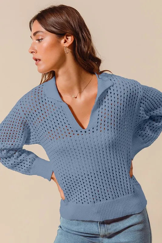 SO ME Open Knit Polo Sweater Top