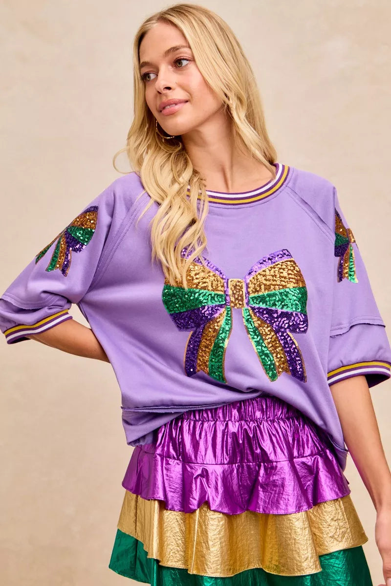 BiBi Mardi Gras Theme Ribbon Sequin Patched Top