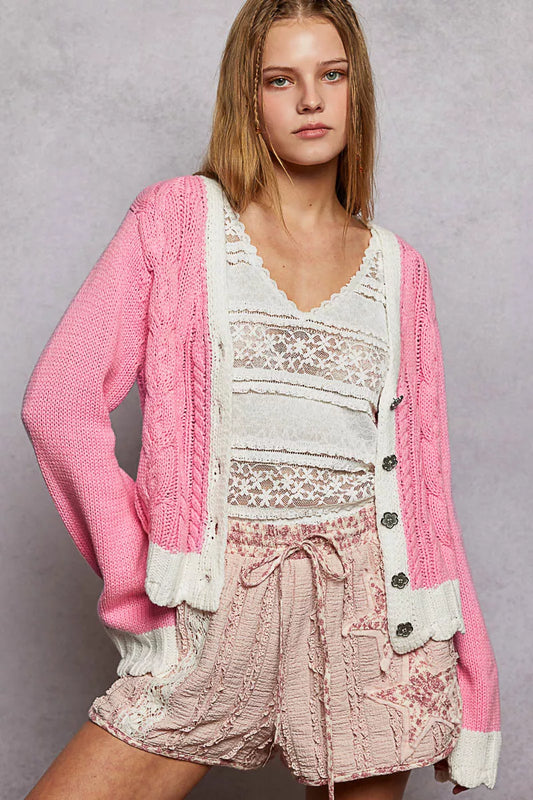 POL Button Down Cable-Knit Cardigan with Contrast Border Accents