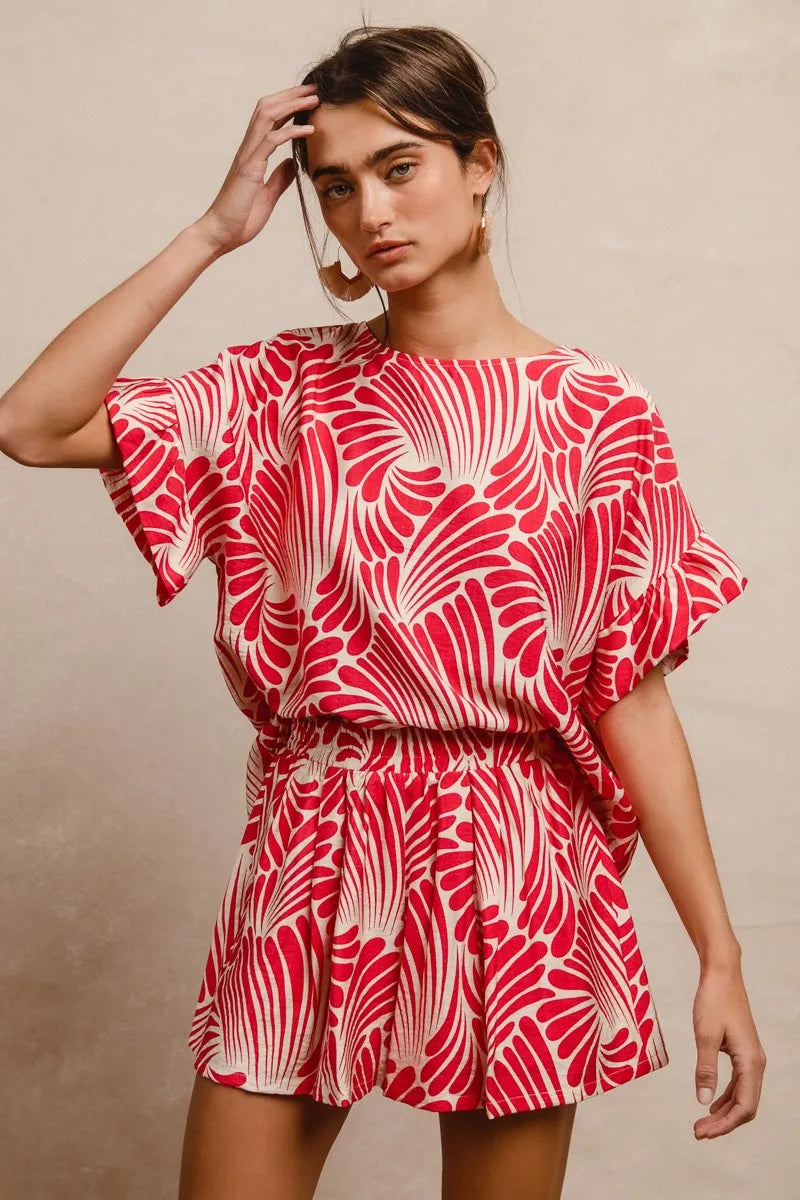 BiBi Print Woven Ruffled Sleeves Top