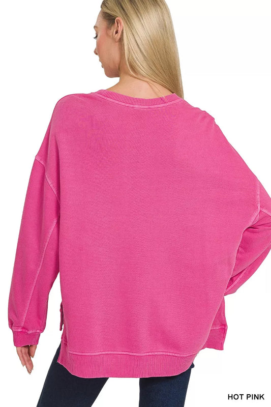 Zenana Full Size French Terry Pigment Dye & Enzyme Washing Pullover Plus Size