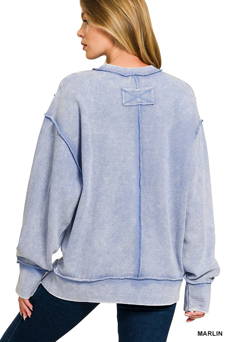 Zenana Acid Washed Double Ribbed Exposed-Seam Sweatshirt