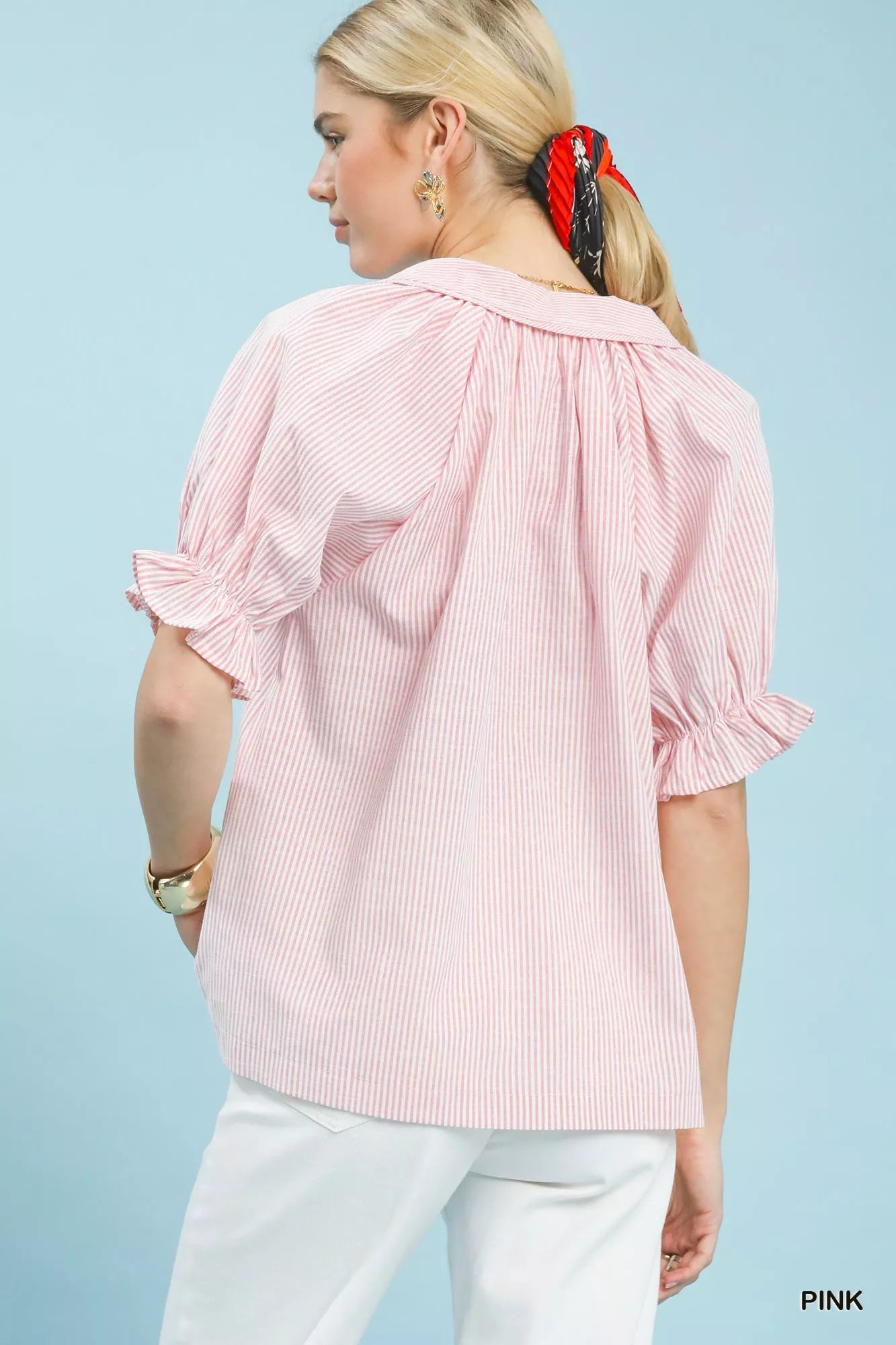 Umgee Pinstripe V-Neck Ruffle Sleeve Blouse