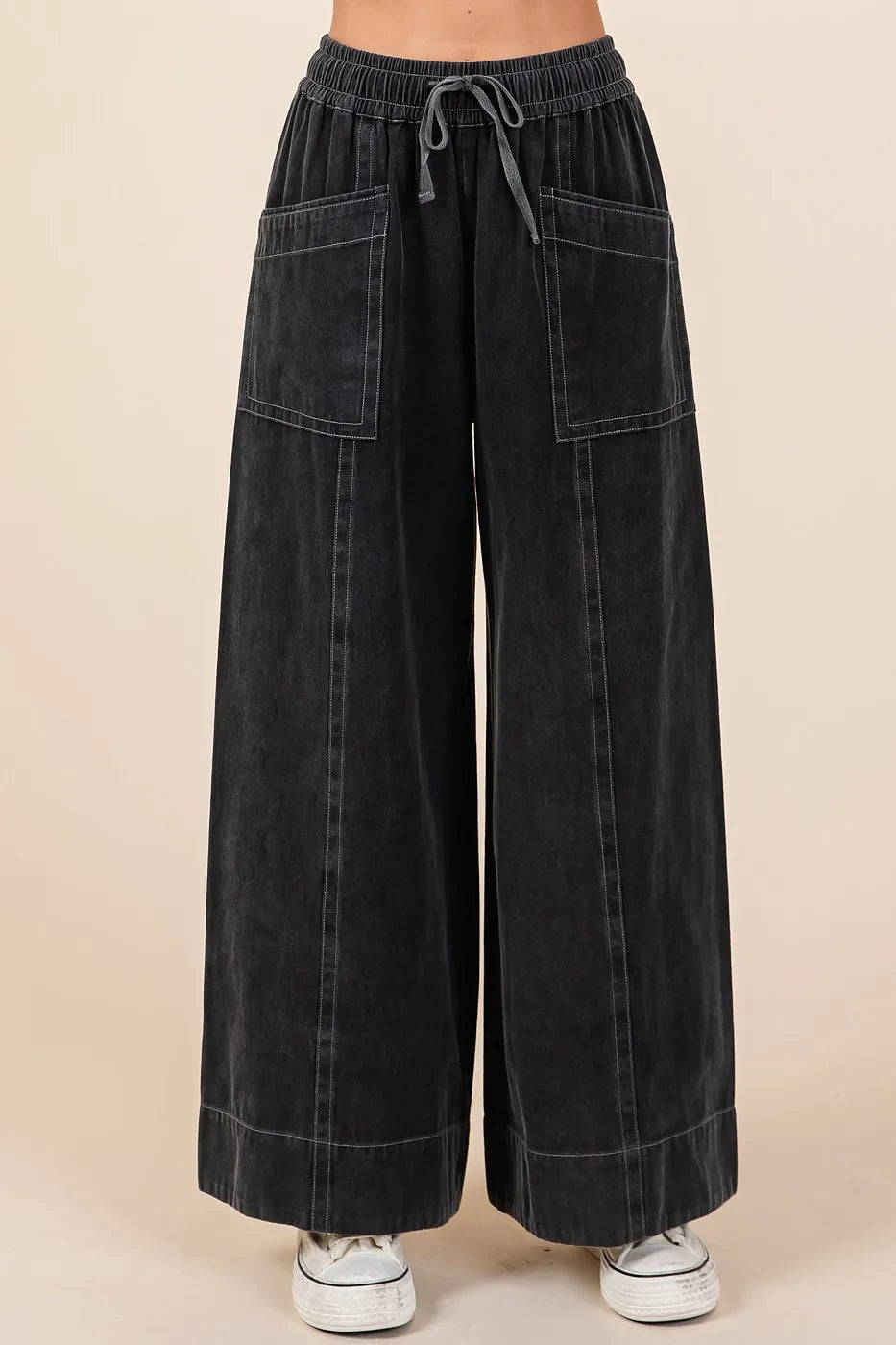 Mittoshop Mineral Wash Wide Leg Elastic Waist Twill Pants