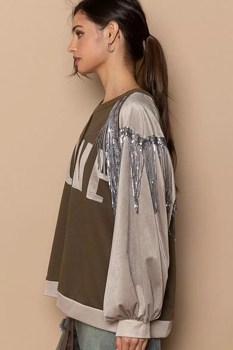 POL Balloon Sleeve French Terry Sweatshirt with Sequin Tassel