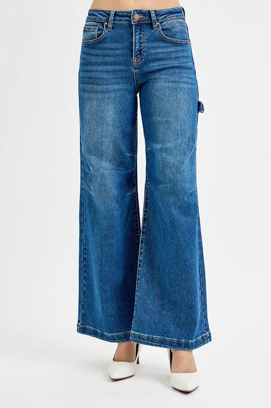 RISEN Full Size High Rise Wide Leg Patch Detailed Jeans Plus Size