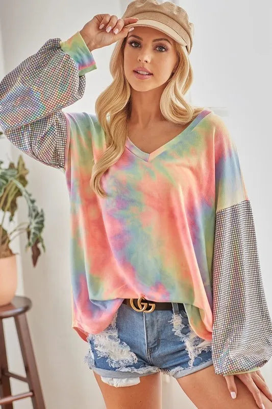 BiBi V Neck Tie Dye French Terry Top with Shiny