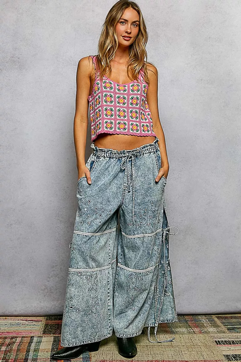 POL Scalloped Edge Cropped Crochet Cami with Granny Square Pattern
