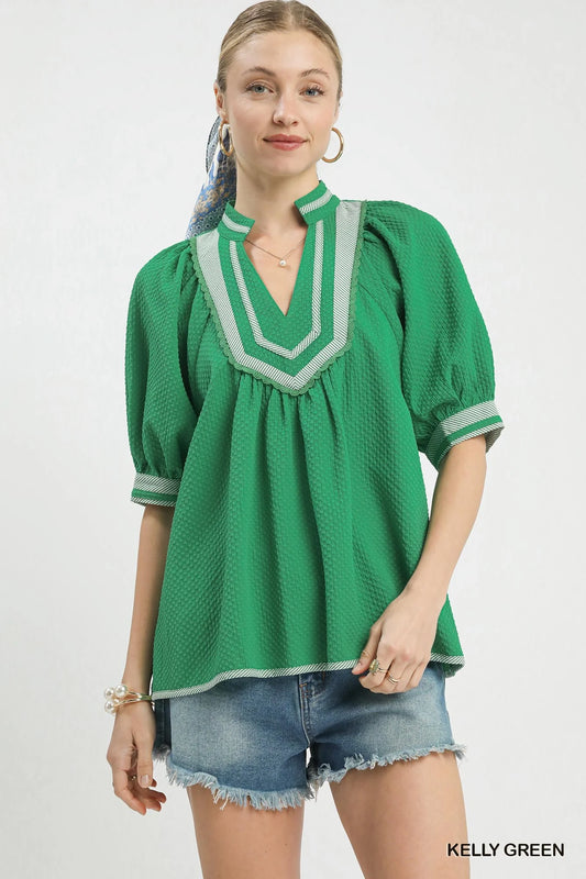 Umgee Textured Jacquard Contrast Trim Top