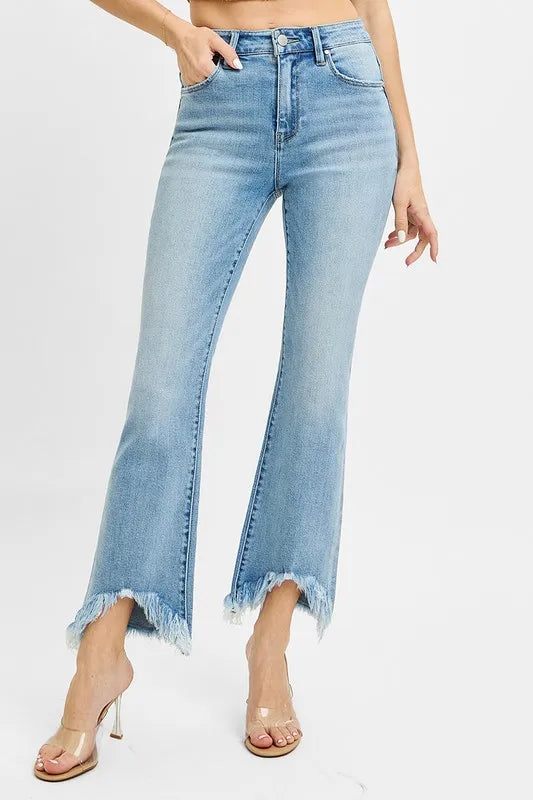 RISEN Full Size High Rise Crop Bootcut Fray Hem Jeans Plus Size