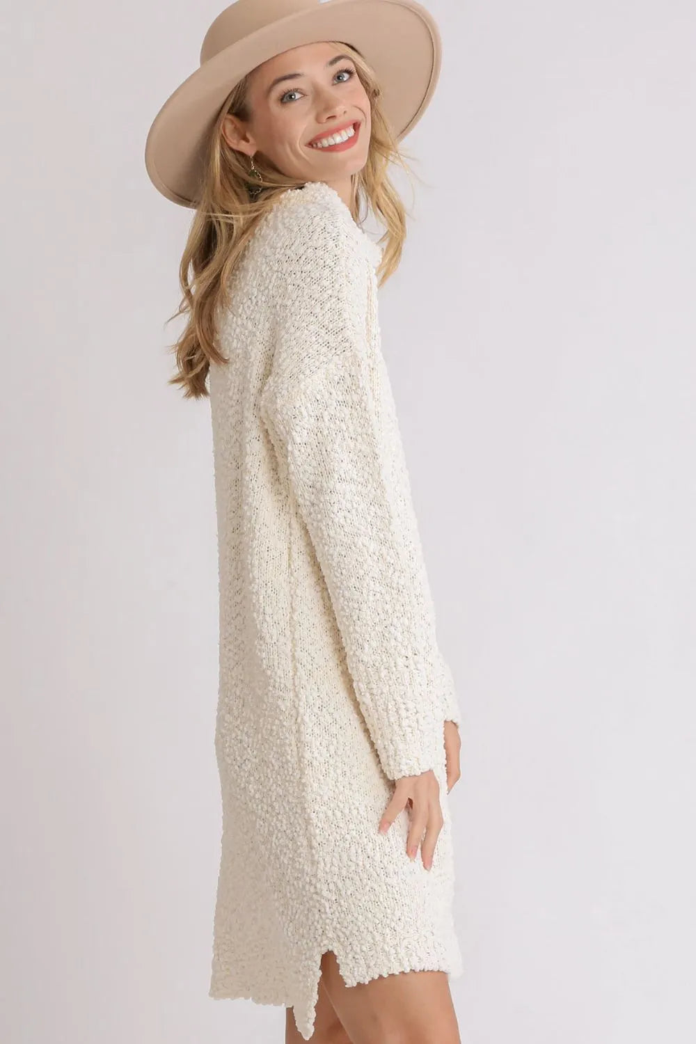 Umgee Full Size High Low Long Sleeve Boucle Sweater Dress Plus Size