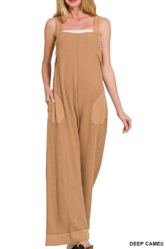 Zenana Knit Waffle Wide Leg Overalls