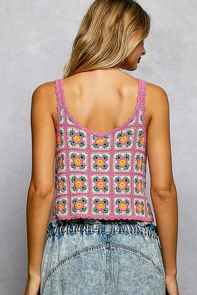 POL Scalloped Edge Cropped Crochet Cami with Granny Square Pattern