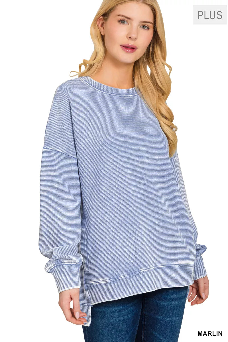 Zenana Full Size Acid Washed Double Ribbed Hi-low Sweatshirt Plus Size