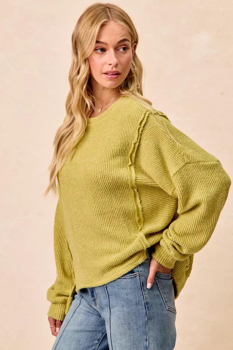 BiBi Boucle Rib Knit Uneven Hem Sweater With Open Seam