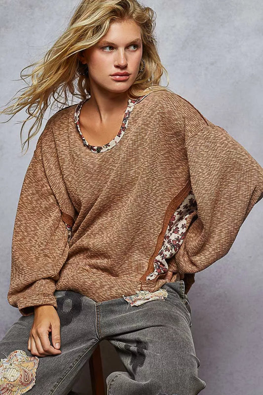 POL Balloon Sleeve Oversized Ribbed Top with Floral Pattern Contrast