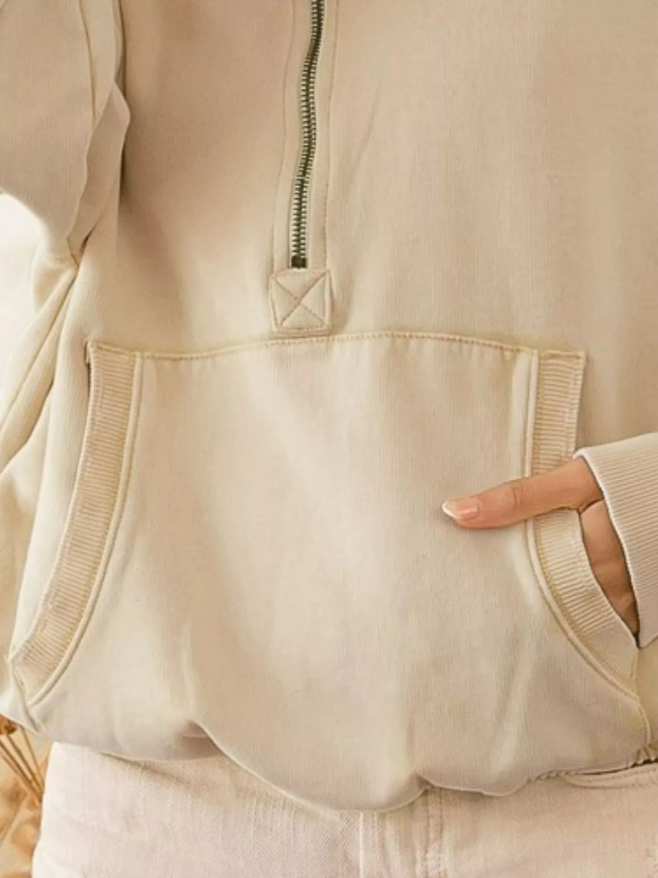 BiBi Stitch Detailed Elastic Hem Half Zip Fleece Hoodie