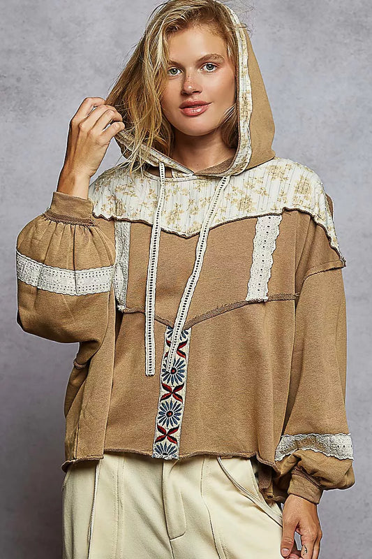 POL Drawstring French Terry Hoodie with Gauze Print Patch