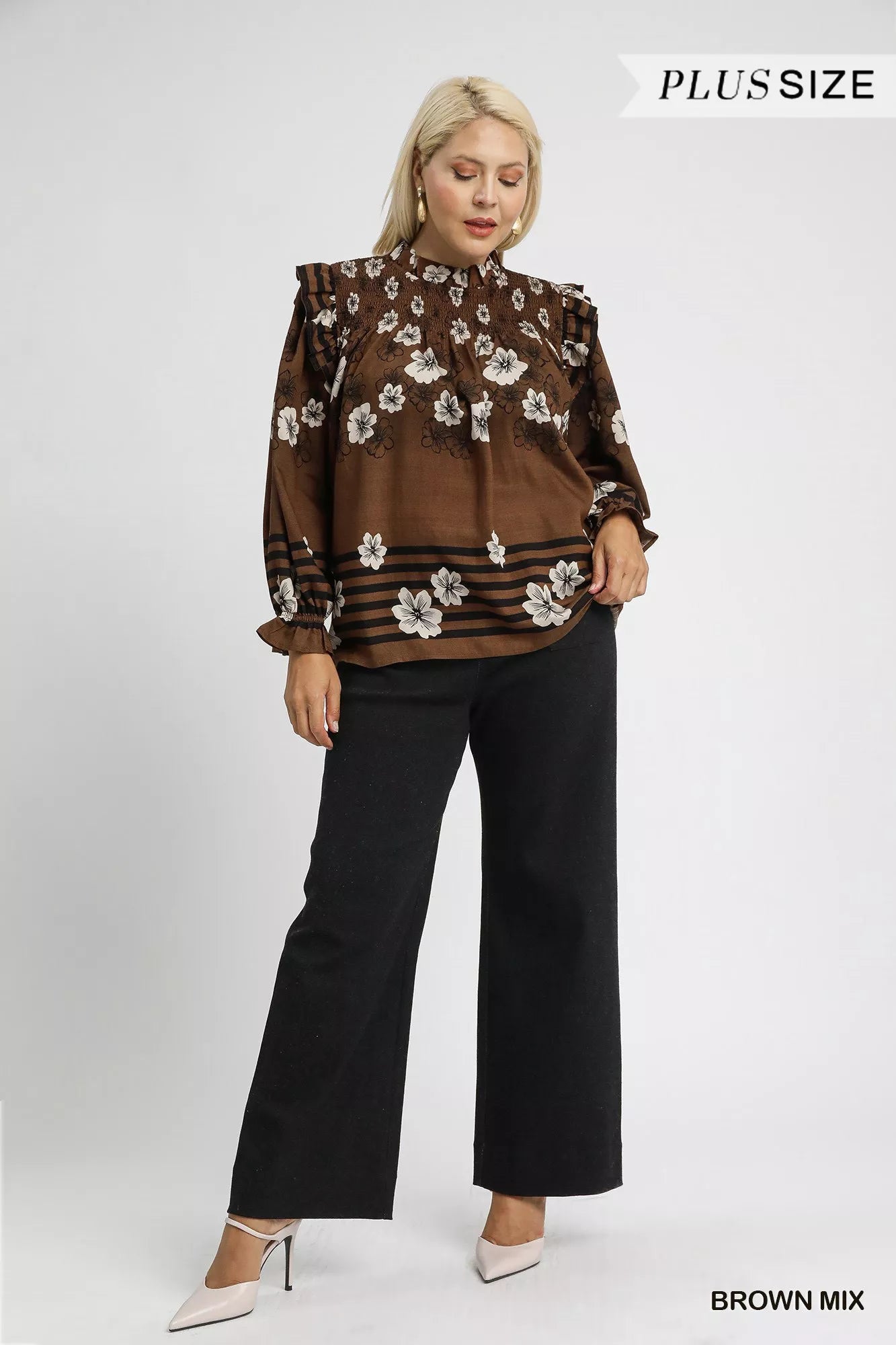 Umgee Full Size Mix Floral Smocked Ruffle Blouse Plus Size