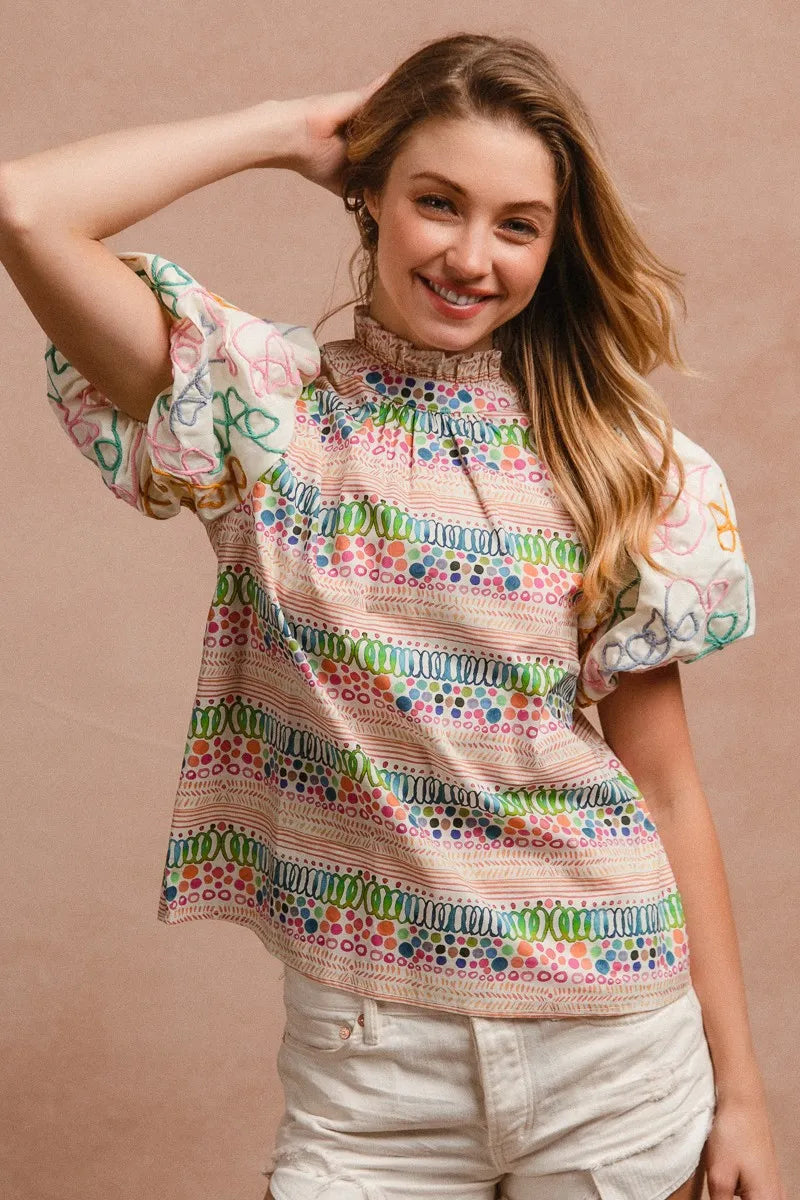 BiBi Ruffle Neckline Blouse With Embroidery Bubble Sleeve