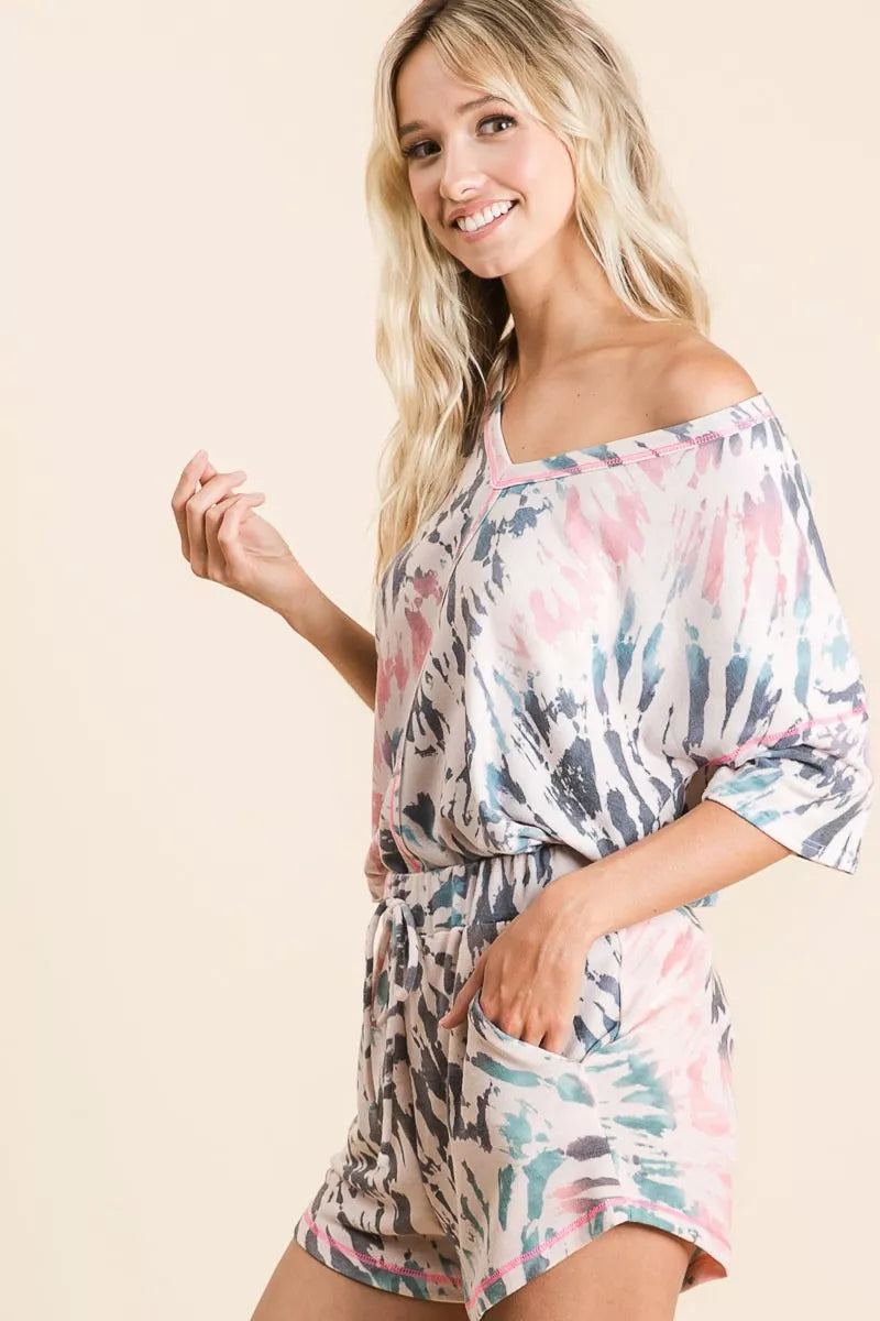 BiBi Tie Dye Print Terry V Neck Top With Contrast